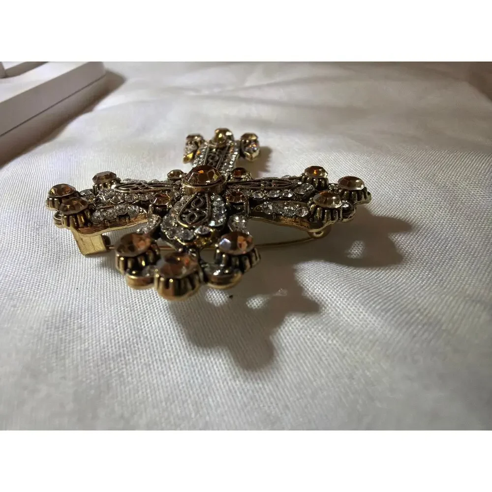 Vintage Gold Tone Cross Brooch Amber Clear Rhinestone Filigree Religious Pin